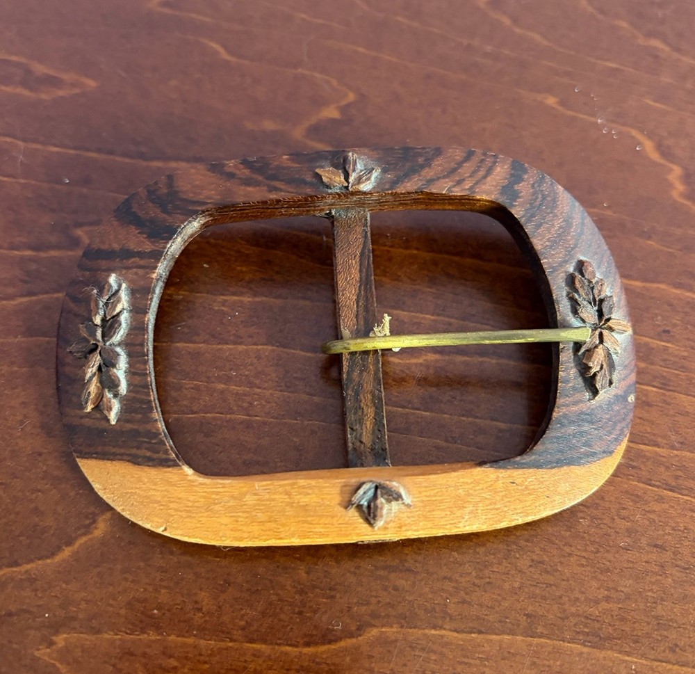 Vintage Hand Carved Wood Belt Buckle Belt Unisex Hippie Dude Chick