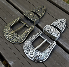 Western 3-Piece Belt Buckle Set Floral Engraved Silver Bronze Cowboy Rodeo Style