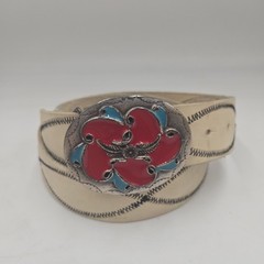 Vtg GAP Western Enamel Pewter Leather Beige Belt Made In Italy Sz Fit M 33-37&Prime;