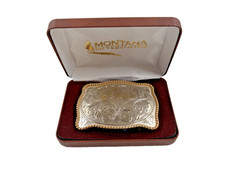 Montana Silversmiths Two-Tone Engraved Belt Buckle Gold Tone Twisted Rope Trim