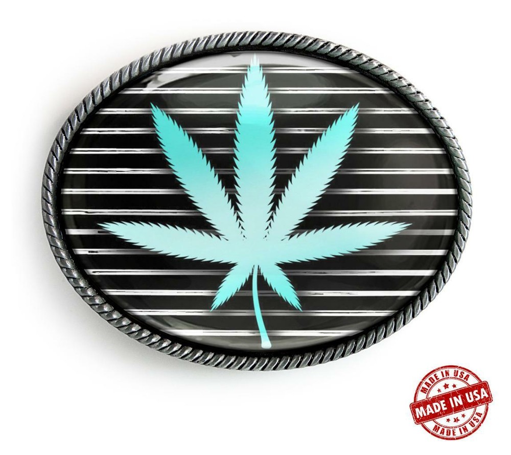 Stoner Belt Buckle – Marijuana Pot Stripes Handmade Oval Belt Buckle