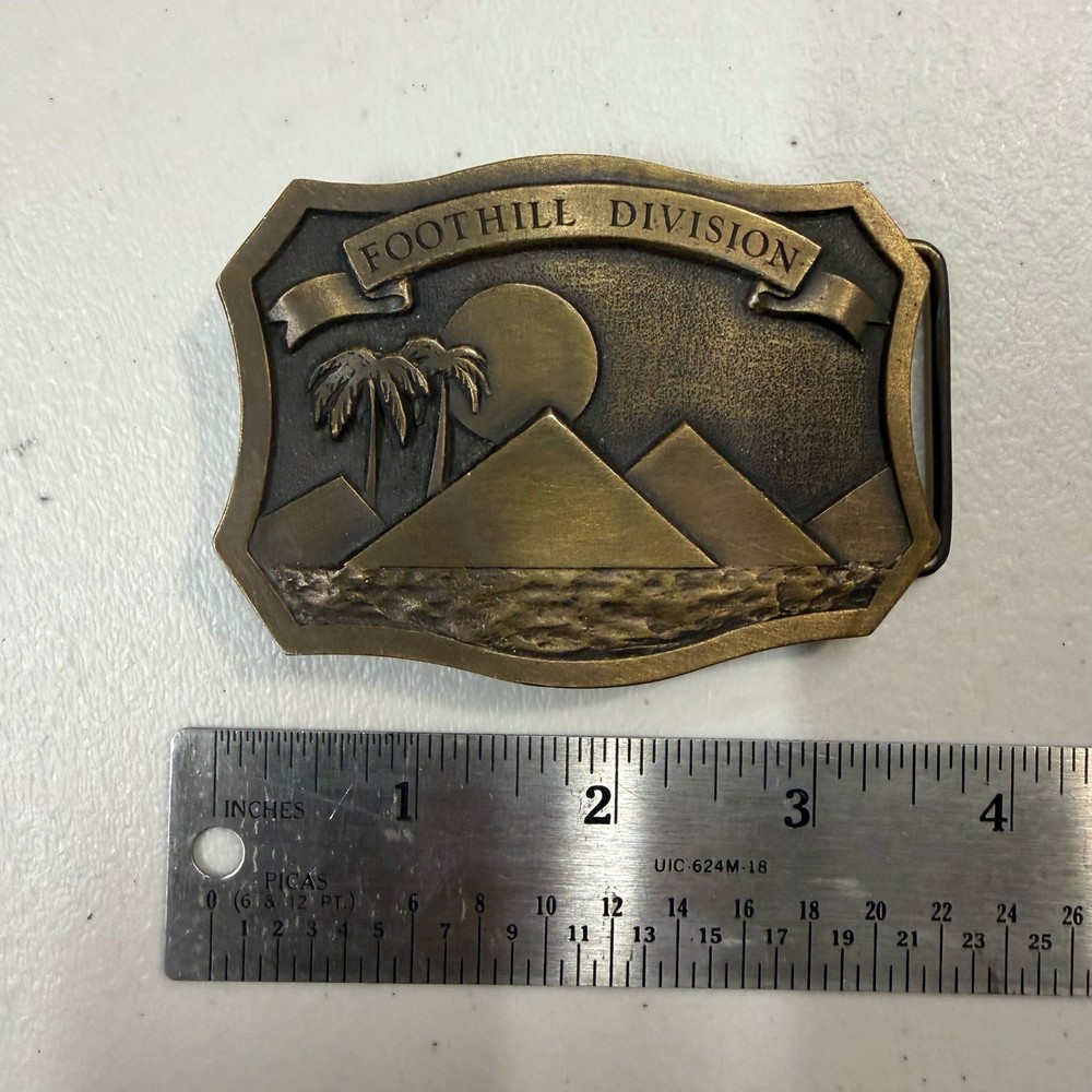 Vintage Spec-Cast Foothill Division Brass Belt Buckle Pyramids Palm Trees Iowa