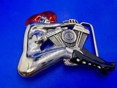 Woman Hugging V-Twin Engine with Red Enamel Hair Novelty Figural Belt Buckle