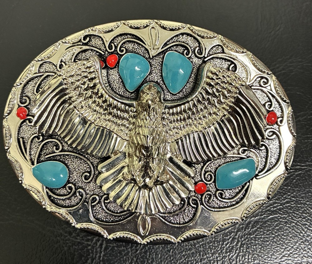 Silver Eagle Western Belt Buckle Turquoise Blue Stones Painted Native American