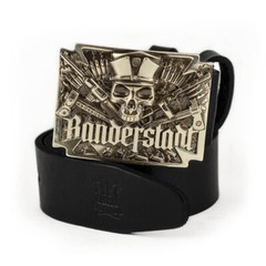 German silver belt buckle Banderstadt, Artistic sculptural fighting skull buckle