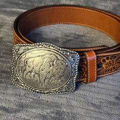 Crumrine Buffalo Belt & Buckle Western Silver Tone 38058 Cowboy LEATHER Belt 42