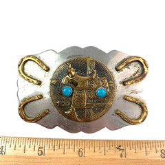 Vintage Nickel Silver Horseshoe Saddle Blue Gem Western Metal Belt Buckle