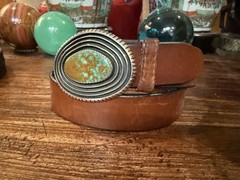 R.Sorrell James Reid Dgn Sterling Silver Turq.Belt Buckle Cow Hide 34”-1.5”✅