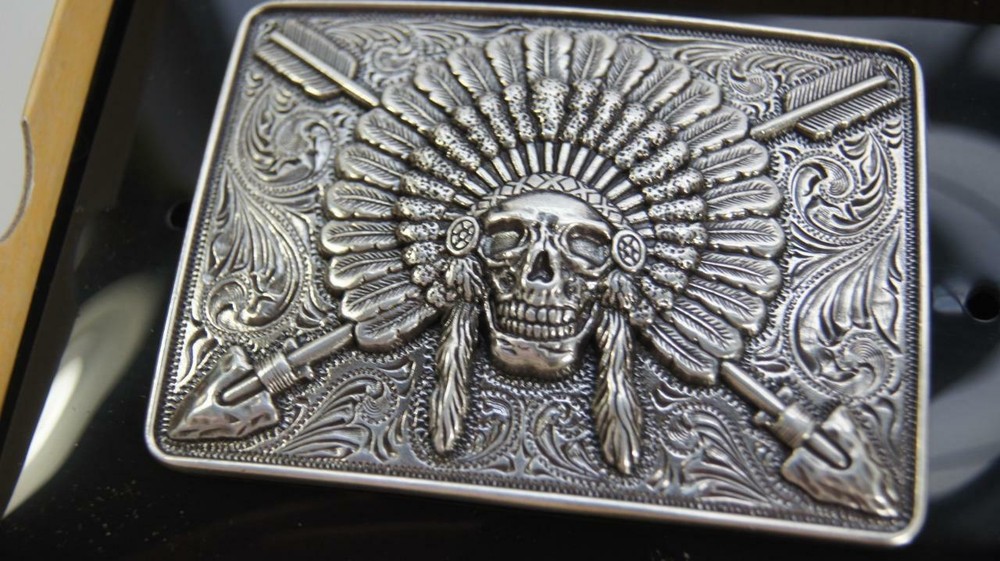 Ariat Western Mens Rectangle Belt Buckle Chief Skull Arrowheads Silver A37009