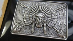 Ariat Western Mens Rectangle Belt Buckle Chief Skull Arrowheads Silver A37009