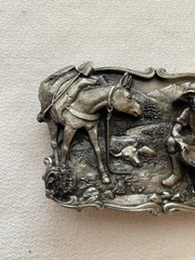 1981 Siskiyou Buckle & Arroyo Grande Gold Miner Panning Mule Belt Buckle Pewter