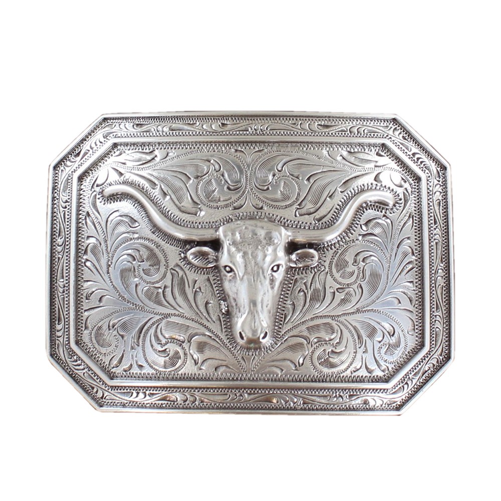 MF Ariat Silver Longhorn Steer Rectangle Belt Buckle Engraved Trophy Buckle