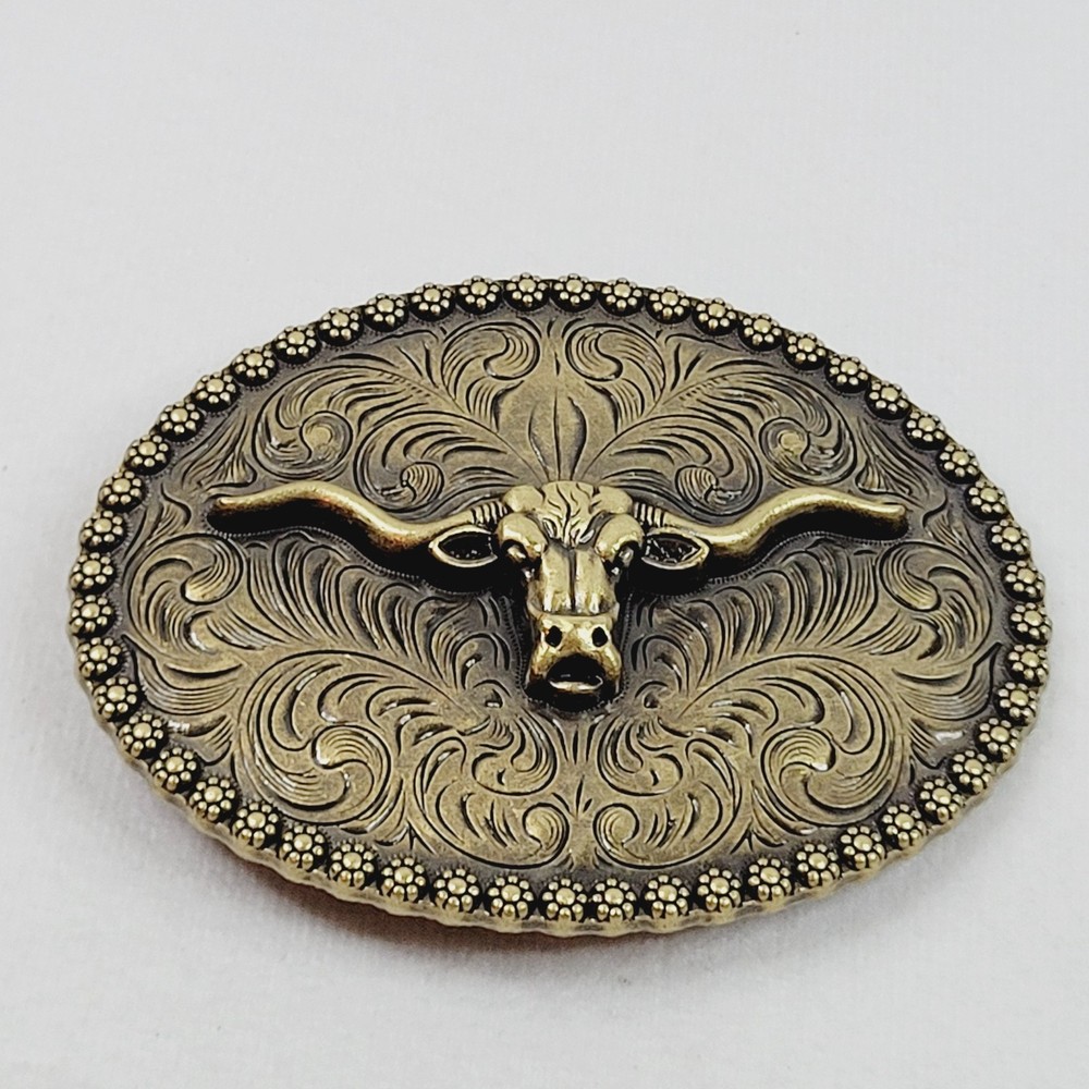 Longhorn Steer Belt Buckle Western Cowboy Rodeo Relief Bull Scroll Bronze Tone