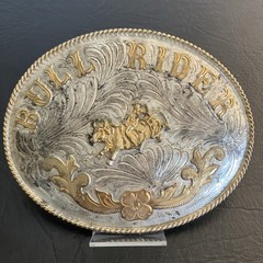 Vintage Silver & Gold OVERSIZED &lsquo;BULL RIDER&rsquo; BELT BUCKLE w/ Gold rope trim West