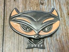 Cute Kitty Cat Head with Bowtie Clear Rhinestone Eye Belt Buckle by Heavy Metal
