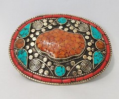 Tibetan Silver Belt Buckle Leather waist trap Turquoise Coral Clasp, K8