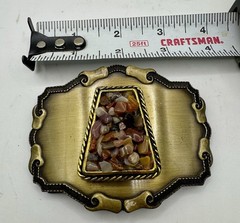 Vintage Raintree Belt Buckle Stone Inlay Western Agate Style Brass Tone