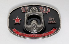 On Tap Belt Buckle Bottle Opener High Flier Beverage Black Red Silver