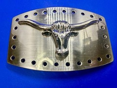 Texas Longhorn Cow Bull Head Steer Hole Border Silver Color Western Belt Buckle