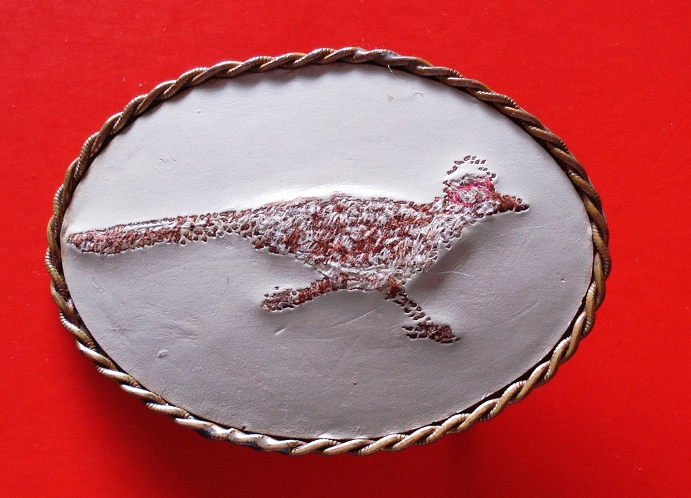 VTG Embroidered Roadrunner Leather Nickel Silver Belt Buckle