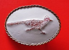 VTG Embroidered Roadrunner Leather Nickel Silver Belt Buckle
