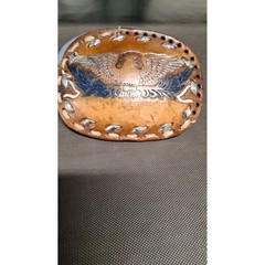 Vintage Hand Tooled Leather Eagle Belt Buckle Western Americana Brown Blue (SB2)