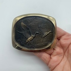 Steven L Knight Sculpture Belt Buckle Solid Bronze 1980 Ducks in Flight Vintage