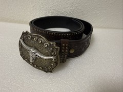 Men’s Size 33&Prime;-38&Prime; Brown Embossed Western Belt W/ Longhorn Buckle, Studded Edge