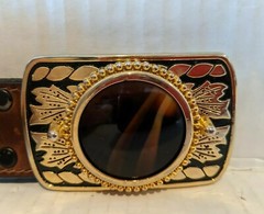 Western USA Leather Belt w/ Clue Dichroic Fused Glass Gold Colored Metal Buckle
