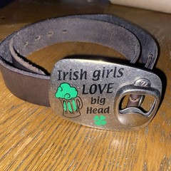 Irish Bottle Opener Belt Buckle W Leather 40” W Dark Brown Belt W Saying
