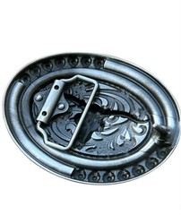 Steer Skull W/Horns Oval Belt Buckle Western Cowboy Engraved Silver Tone