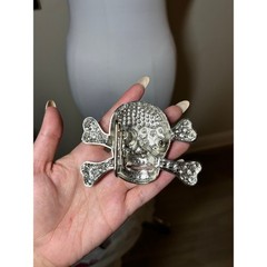Rhinestone Skull and Crossbones Belt Buckle Silver Teal Clear Crystal Bling