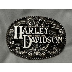 Harley Davidson Belt Buckle Silver Tone Filigree Rhinestone Biker Oval Scroll