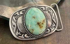 Turquoise Stone Belt Buckle Western Silver Engraved Cowboy Rodeo Design
