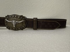 Men’s Size 33&Prime;-38&Prime; Brown Embossed Western Belt W/ Longhorn Buckle, Studded Edge