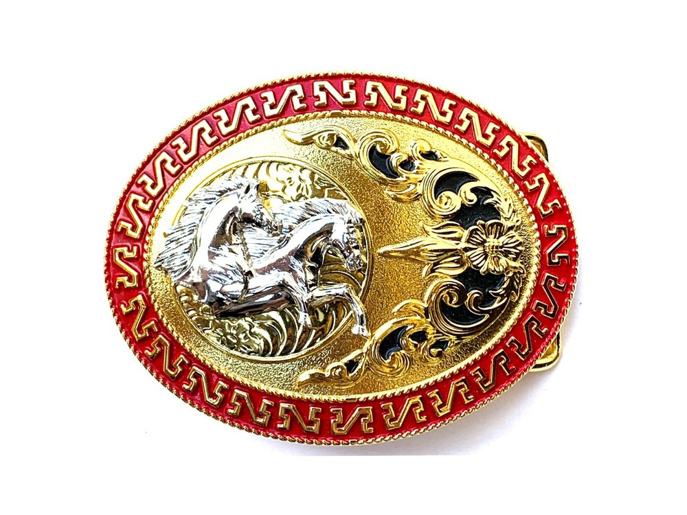 Western Buckle Gold Silver Red Running Horse Cowboy Buckle 2 » Hebillas Vaqueras