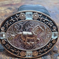 Oval Western Metal Belt Buckle Horse Floral Engraved Silver/Gold Tone 1.5in