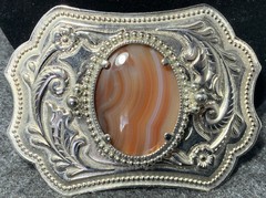 « Banded Agate” Belt Buckle 3-1/2 » L X 2-1/2” Heavy: 3.5 oz. Nickel