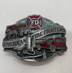 American Fire Fighter Belt Buckle SiskiYou 1988 Made in USA Fire Engine Pewter