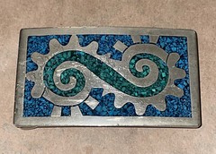 made in MEXICO vintage BELT BUCKLE turquoise SILVER gold 3×1.75” aztec inca