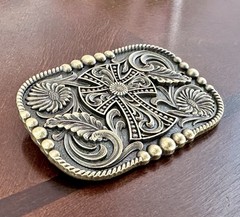 Western Cowboy Belt Buckle with Cross – Antique Bronze Floral Engraved Buckle