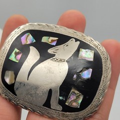Mexican Alpaca Silver Belt Buckle Howling Wolf Coyote Black Enamel Abalone Inlay