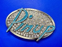 Pinup Girl – Blue Lettering Fashion Statement Novelty Jeweled Oval Belt Buckle