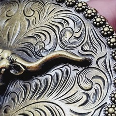 Longhorn Steer Belt Buckle Western Cowboy Rodeo Relief Bull Scroll Bronze Tone
