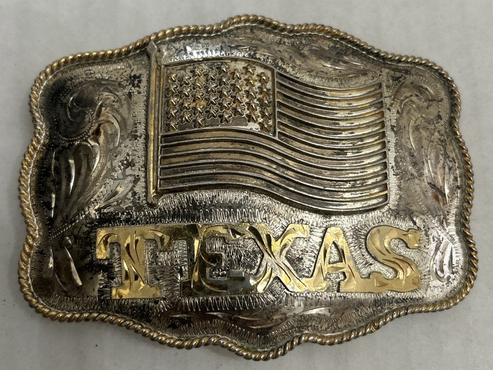 Vintage Texas, U.S. Flag Large Western Distressed Cowboy Buckle Made In Mexico