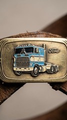 VINTAGE GREEN MACHINE LEATHER BELT WITH FORD TRUCK BUCKLE MEN&rsquo;S