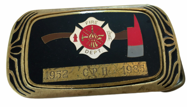 Vintage 1952 Brass Belt Buckle Firefighter Fire Department ENAMEL G.P.H FIREMAN