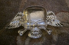 VINTAGE METAL CHROME with ENAMEL 6 1/4&Prime; SKULL WITH WINGS BELT BUCKLE
