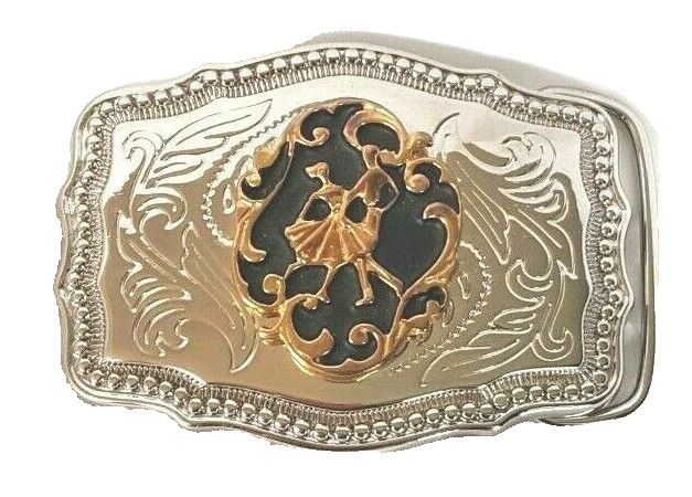 Belt Buckle Dancing Couple Made in the USA Embossed Black/Silver/Gold tone