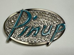 Pinup Girl – Blue Lettering Fashion Statement Novelty Jeweled Oval Belt Buckle